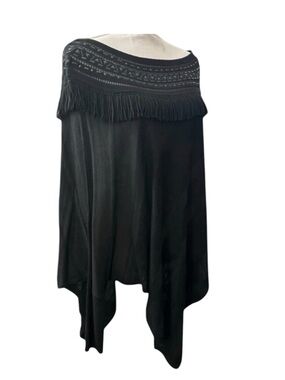 White House Black Market Elegant Black Beaded Tassel Poncho. Medium.